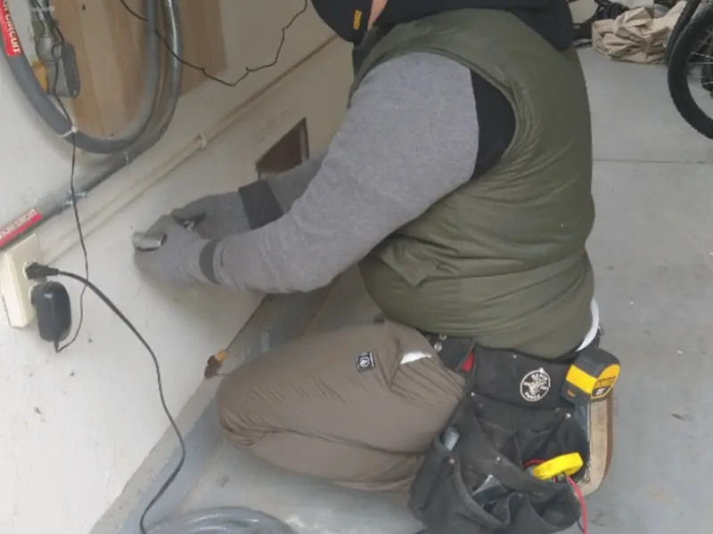 Electrician performing outlet wiring in a Painesville garage